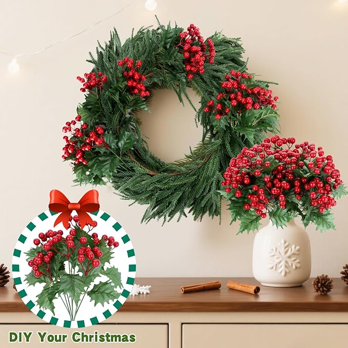 4 Bundles Fake Christmas Pine Branches with Red Berry Stems, Christmas Flowers Artificial for Norfolk Pine Garland and Trees, Faux Berry Picks for Holiday Home Decor