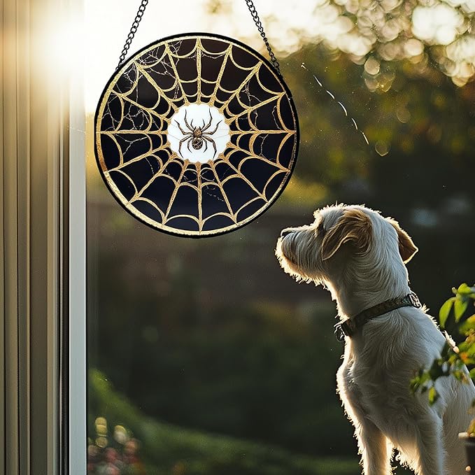 Stained Glass Window Hanging - Black Gold Spider Suncatcher for Door Terrace Garden Home Decor Halloween Sun Catcher Christmas Birthday Gifts for Lovers Women Men Dad Mom Nana 9.8 in