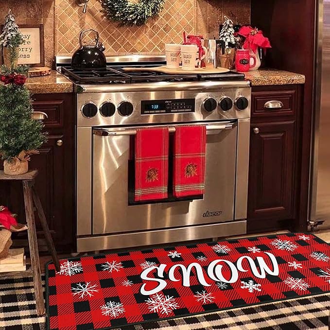 Buffalo Plaid Christmas Kitchen Rugs and Mats Set of 2 PCS, Xmas Snow Winter Holiday Party Low-Profile Floor Mat Merry Christmas Decorations for Home Kitchen - 17"x47"+17"x30"