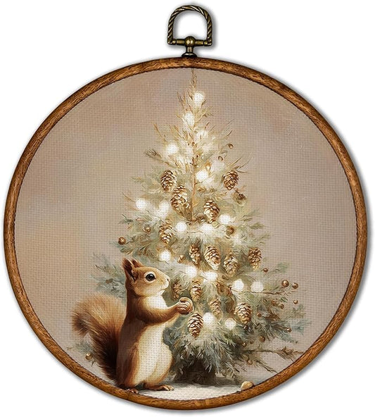 KSDUT Vintage Christmas Wall Decor Art - Retro Squirrel Christmas Wall Art Canvas Frame Hanging Prints, Merry Xmas Holiday Round Wall Art Decor for Home Farmhouse Decorations 10"x10"