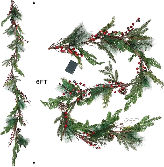 winemana 6 FT Pre-lit Artificial Christmas Garland with 20 LED Lights, Battery Powered with Pine Cones, Red Berries, Pine Needles, Lighted Christmas Garlands for Fireplace Mantle Holiday Decorations