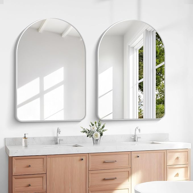 Arched Bathroom Mirror, 26"x38" Silver Arched Mirror for Bathroom, Wall Mounted Mirror, Silver Vanity Wall Mirror w/Metal Frame for Bedroom, Entryway, Living Room, Hanging or Leaning Against Wall
