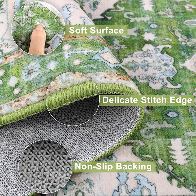 Yamaziot Boho Washable Kitchen Rugs Sets of 3, Non Slip Kitchen Mats for Floor with Rubber Backing, Waterproof & Stain Resistant Thick Carpet Runner Throw Rug for Kitchen, Laundry Room, Hallway, Green