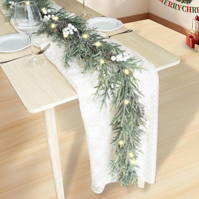 6FT Pre-lit Christmas Garlands with Lights Artificial Christmas Lighted Greenery Pine Cones Garland with White Berries for Christmas Door Mantle Stairs Railing Home Holiday Xmas Decoration Indoor