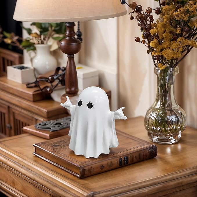 Halloween Funny Ghost Figurine with Rock Hand– Glossy Resin Halloween Ghost Decor, Spooky Home Decorations for Music Lovers, Gothic Desk Ornament, Novelty Rock and Roll Gift