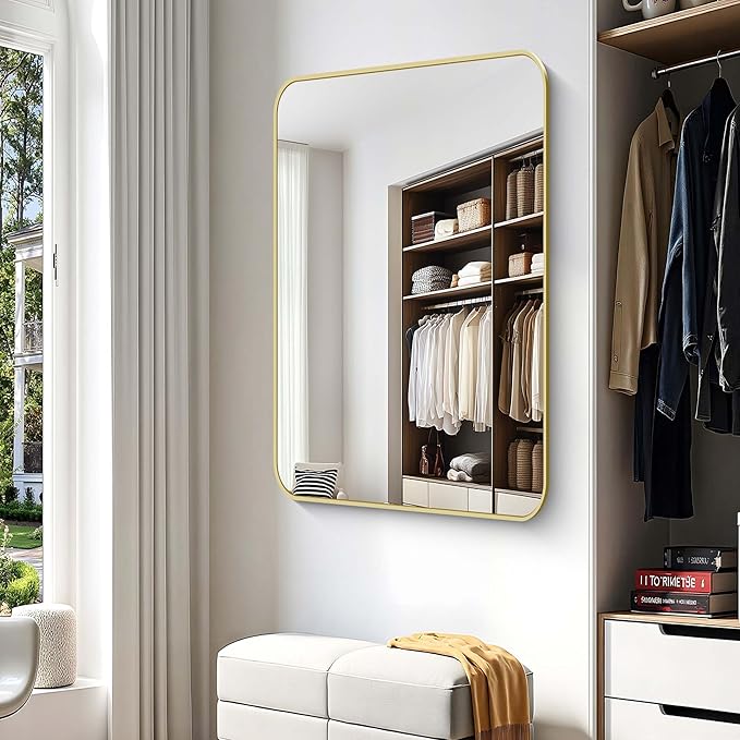 55"x36" Gold Bathroom Mirror, Large Rectangle Mirror, Rectangular Wall Mirror, Rounded Corner Vanity Mirror with Aluminum Metal Frame for Bathroom Bedroom Living Room Horizontal/Vertical