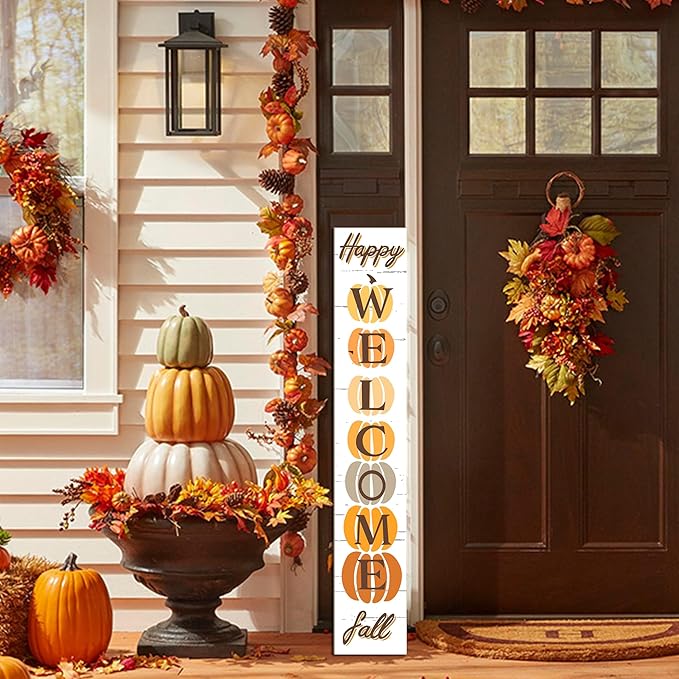 Fall Wooden Porch Sign 47" Autumn Pumpkin Front Door Welcome Sign Vertical Standing Sign For Garden Home Yard Farmhouse Thanksgiving Decor