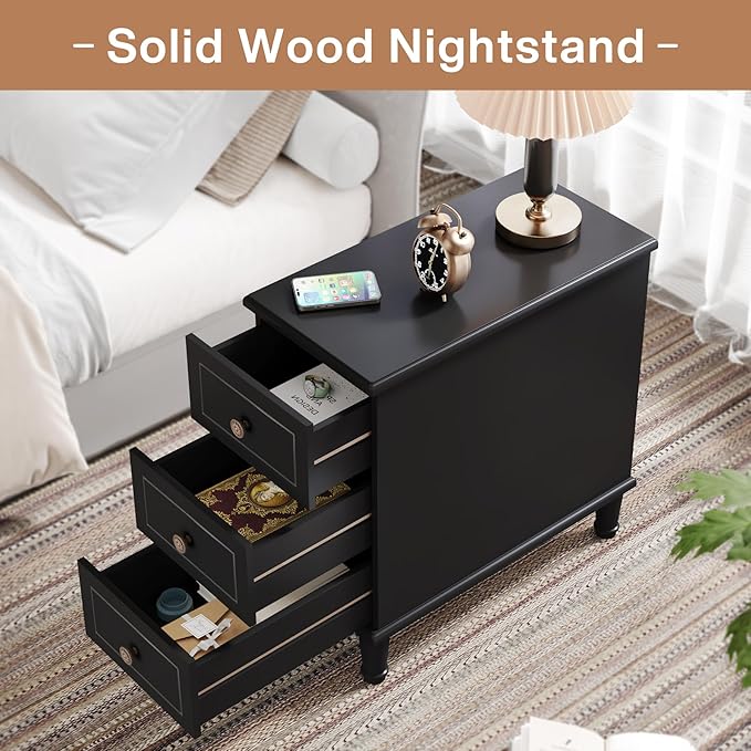 Tribesigns Solid Wood End Table, Fully Assembled Narrow Side Table with Drawers, Pre-Assembled Nightstand Slim Bedside Table for Small Spaces, Living Room, Bedroom, Black