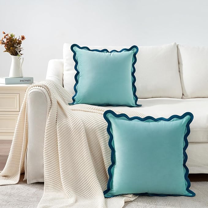 MONDAY MOOSE Decorative Throw Pillow Covers Cushion Cases, Set of 2 Soft Velvet Scalloped Wavy Edge Designs, Mix and Match for Home Decor, Pillow Inserts Not Included (Blue/Light Blue, 22x22 inch)
