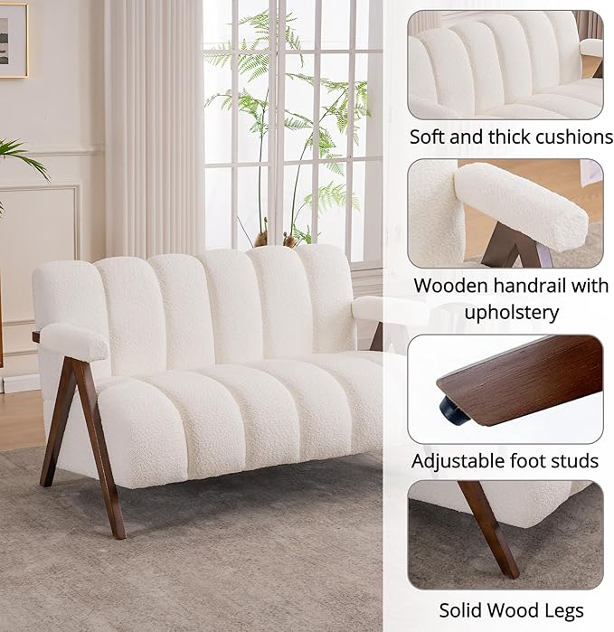 Mid Century Modern Accent Chair Loveseat Sofa with Solid Wood Frame, Boucle Upholstered Living Room Chairs with Thick Cushion, Comfy Tufted Arm Chair for Bedroom, Ivory