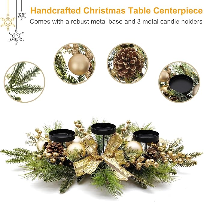Christmas Table Centerpieces Decorations, 27.5 Inch Designed with Golden Bowknot Baubles Ornaments, Artificial Golden Berries and Pine Cones for Dining Room Table (Gold Ball)