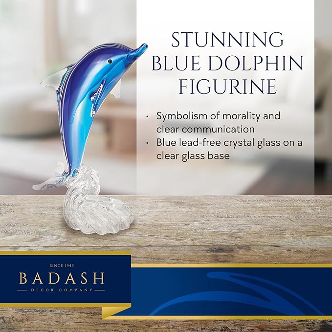 Badash Murano-Style Glass Dolphin Figurine - 9" Tall Handmade Glass Figurines