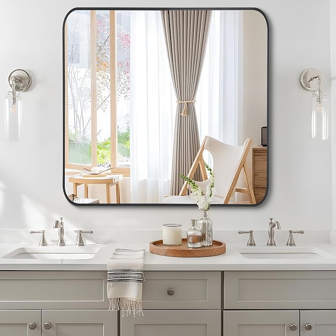 FORBATH Bathroom Mirror 36" x 36",Large Square Wall Mirror with Black Aluminum Frame Rounded Corner, Wall Mounted Mirror for Bathroom Bedroom Entryway Living Room