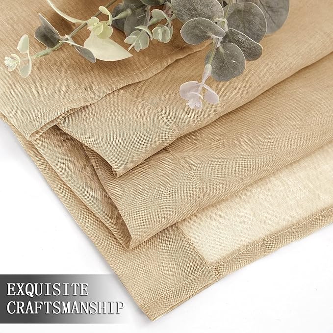 Tollpiz Short Sheer Curtains Living Room Linen Textured Curtain Sheers Light Filtering Voile Rod Pocket Curtains for Bedroom, 38 x 45 inches Long, Beige, Set of 2 Panels