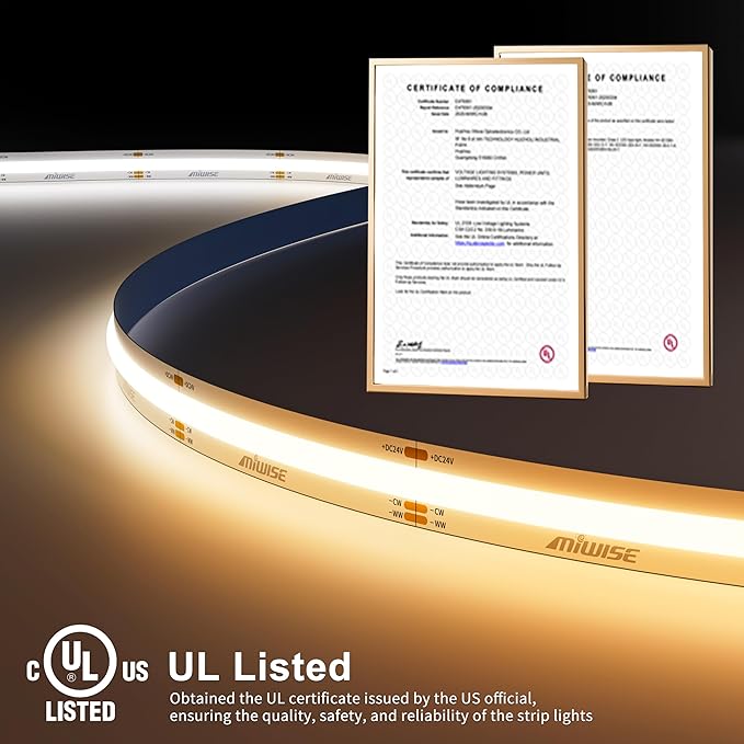 MIWISE COB LED Strip Light White LED Tape Lights 2700K-6500K 24V Color Changing Dimmable 20ft UL-Listed Super Bright with Remote & APP Control for Under Cabinets,Bedroom,Kitchen,Mirror,TV DIY Lighting