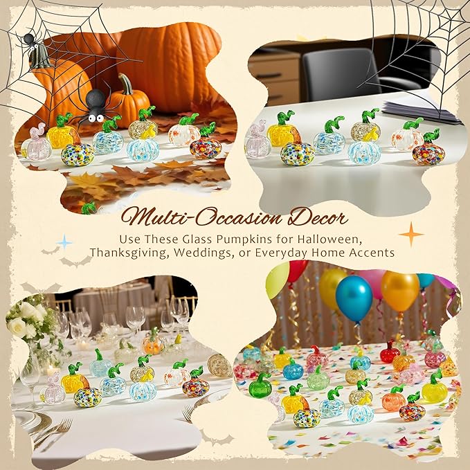 H&D HYALINE & DORA 12 Pcs Mini Blown Glass Pumpkin Figurines Crystal Halloween Pumpkin Art Decorations Table Accent for Home Thanksgiving Halloween
