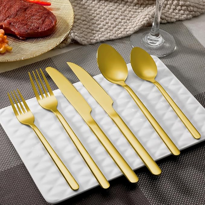24 Pcs Gold Silverware Set with Steak Knives, Food-Grade Stainless Steel Flatware Cutlery Set for 4, Mirror Polished Tableware Eating Utensils Set for Kitchen, Knife Fork Spoon Set, Dishwasher Safe