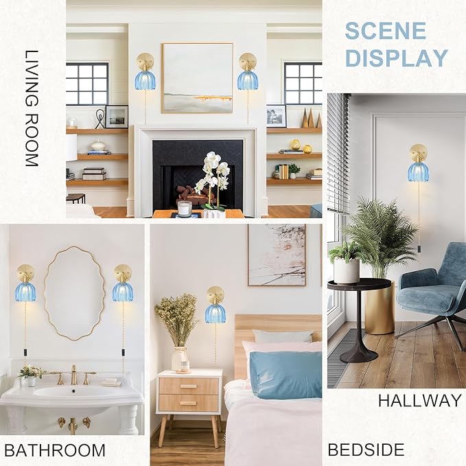 Plug in Wall Sconce, Vintage Sconce Light with Tulip Sky Blue Glass Lampshade, 180° Adjustable Wall Sconce with Switch and Plug in Wall Lamp Cord, Gold Wall Light for Bedroom Bedside