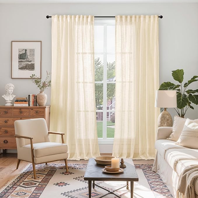 YoungsTex Champagne Linen Curtains for Living Room 95 Inches Long 2 Panels, Semi Sheer Window Treatments Light Filtering Textured Floor Length with Rod Pocket Back Tab for Bedroom Dining, 52 X 95 Inch