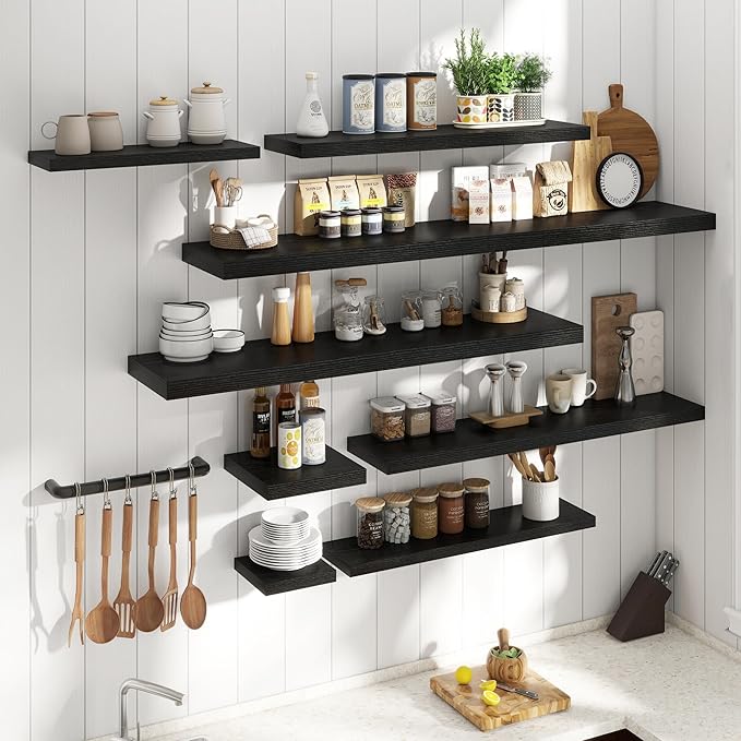 Floating Shelves for Wall with Invisible Brackets, Wall Mounted Engineered Wood Shelves with Wood Grain for Living Room, Bedroom, Bathroom, Kitchen Decor and Storage, Oak, 40"L Set of 2, Black