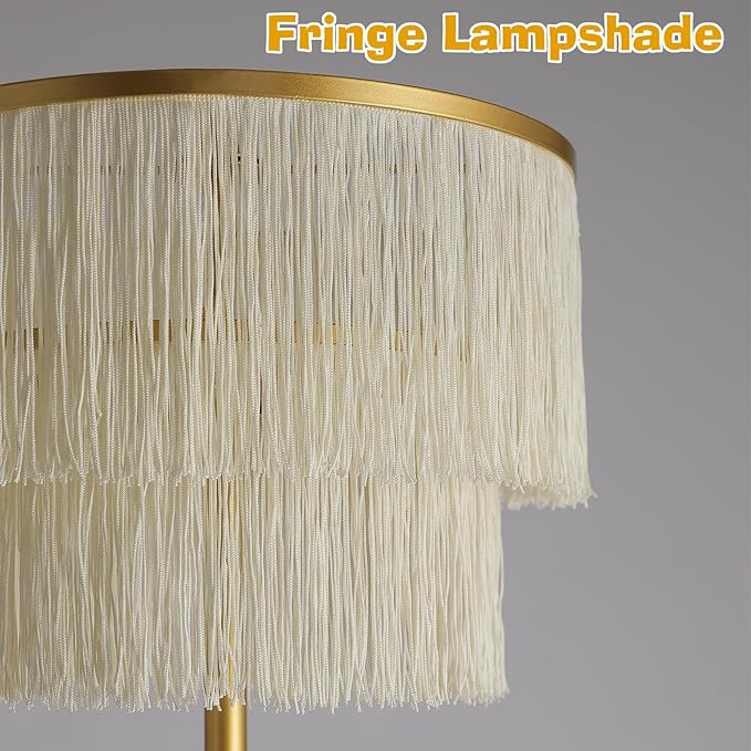 2 Light Gold Boho Floor Lamp with 2-Tier Tassels/Fringe Lampshade,66" Tall Mid Century Standing Bedroom Lamp,Soft Lighting Nursery Floor Lamp for Bedroom Livingroom