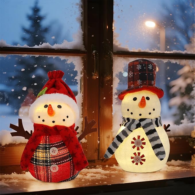 Christmas Table Decorations, 2 Pcs Snowman with Warm White LED Lights, Xmas Table Top Snowmen Decor for Winter Home Kitchen Mantle Room Office Holiday Party
