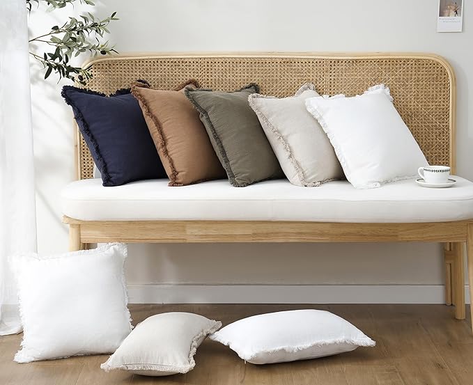 Foindtower Set of 2 Decorative Linen Fringe Throw Pillow Covers Cozy Boho Farmhouse Cushion Cover with Tassels Soft Accent Pillowcase for Couch Sofa Bed Living Room Home Decor,16×16 Inch,White