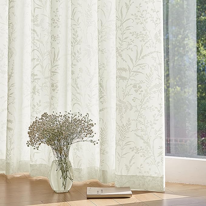 Anmao Cream Semi Sheer Light Filtering Curtains 54 Inches Long 2 Panels, Leaf Pattern Drapes for Living Room Bedroom, Rod Pocket Privacy Window Treatments with Floral Design, 52x54 Inch, Ivory