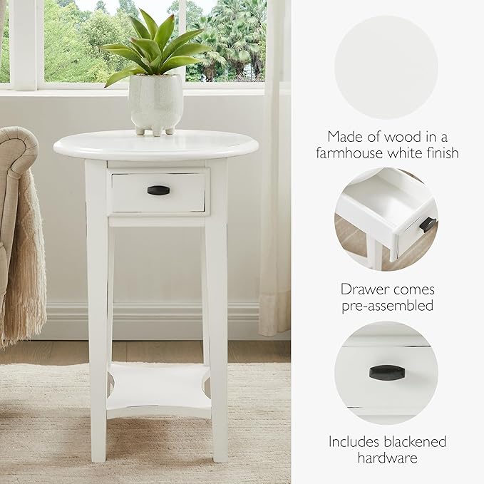 Leick Home Haven Ridge Oval End Table, One Drawer Side Table, Farmhouse White, 214387
