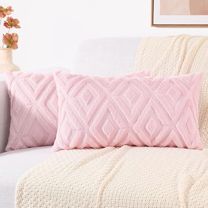 decorUhome Couch Throw Pillow Covers 12x20 Set of 2, Decorative Soft Plush Faux Wool Lumbar Neutral Accent Pillow Covers for Bed Sofa Living Room, Light Pink