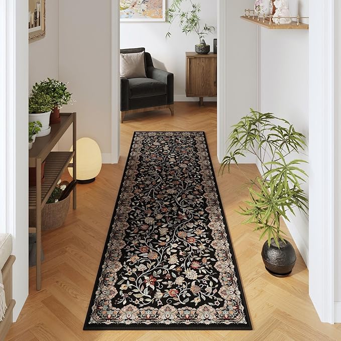 Rugcomf Vintage Paisley Kitchen Runner Rug 2'x6' - Machine Washable, Non-Slip Low Pile Floral Carpet for Laundry, Bedroom, Bathroom - Black