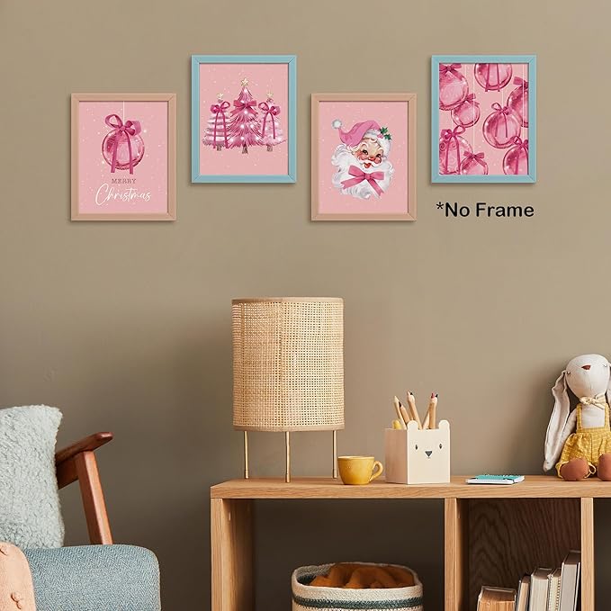 TLESKE Pink Winter Merry Christmas Coquette Bow Posters Prints Unframed Set of 4 for Teen Girls Dorm Bedroom Living Room, Santa Claus Christmas Ball Pine Trees Wall Art Prints Pictures Decor, 8x10