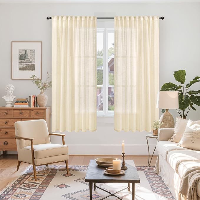 YoungsTex Linen Curtains 63 Inch Length 2 Panels for Living Room, Light Filtering Window Drapes Semi Sheer Textured Rustic with Rod Pocket Back Tab for Bedroom, Champagne, 52 X 63 Inch