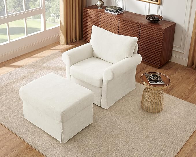 Modern Living Room Chairs with Ottoman, Comfy Chenille Reading Armchair with Rolled Arms and Cushion Backrest, 35.8" W Oversized Chaise Lounge Chair for Bedroom, Study, Apartment, Beige