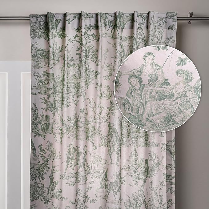 Maison d' Hermine Curtains for living room 100% Cotton 108 inch length One Panel Light Filtering Toile Curtains for Bedroom Windows with rod and loop Pockets (The Miller Antique Green, 50"W x 108"L)