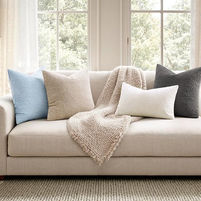 Woaboy Pack of 2 20x20 Inch Decorative Boucle Throw Pillow Covers Textured Square Pillowcaes Accent Solid Cozy Soft Cushion Covers Home Decor for Sofa Couch Living Room Home Decor,Coastal Light Blue