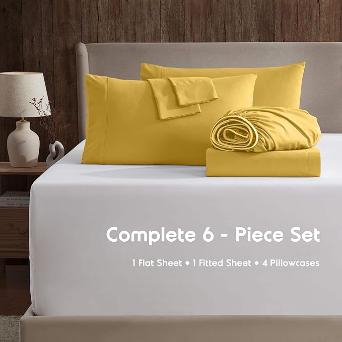 Nestl Extra Deep Queen Sheet Set - 6 Piece Breathable & Cooling Sheets - Hotel Luxury Bedding Set w/18-24 Inch Deep Pockets - Easy & Secure Fit - Super Soft, Wrinkle Free & Comfy - Yellow