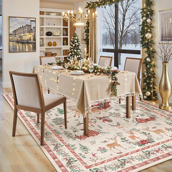 Lahome Christmas 5x7 Rugs for Living Room, Christmas Tree Santa Claus Soft Bedroom Rug Indoor, Non Slip Washable Low Pile Floor Carpet for Dining Room Winter Holiday Decor, Beige