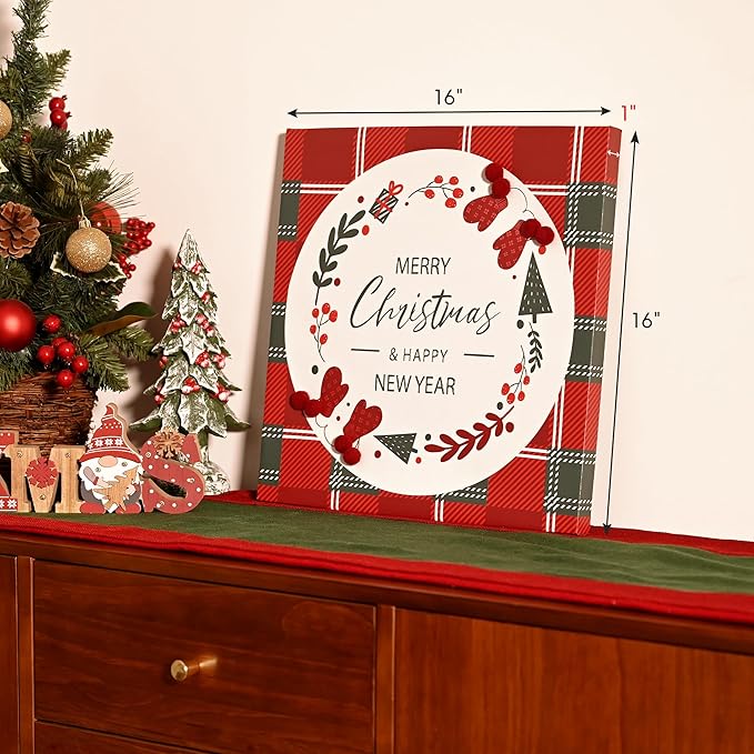 ArtbyHannah Christmas Canvas Wall Art Decor, 3D Textured & Holly Red Berry Wall Decor with Red & Green Plaid Prints for Home Kitchen Dining Party Bathroom Winter Holiday Xmas Decorations (16x16 inch)