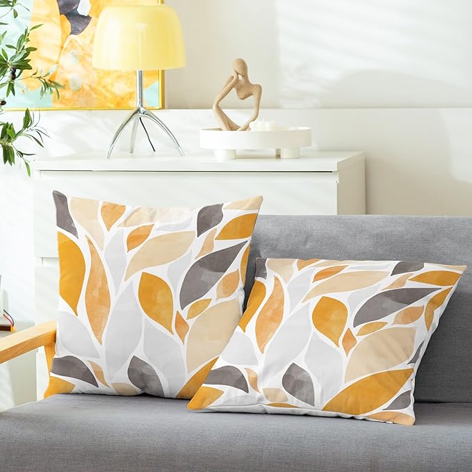 CaliTime Throw Pillow Cases Pack of 2 Cozy Fleece Falling Dahlia Floral Flowers Petals Decorative Cushion Covers for Couch Bed Sofa Farmhouse Decoration 18 X 18 Inches Orange Gold Grey