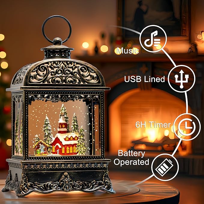 10.2" Christmas Snow Globe Water Lantern with Horse Drawn Carriage Christmas Scene Battery Operated or USB Powered Musical Lighted Holiday Decoration for Tabletop Display for Family