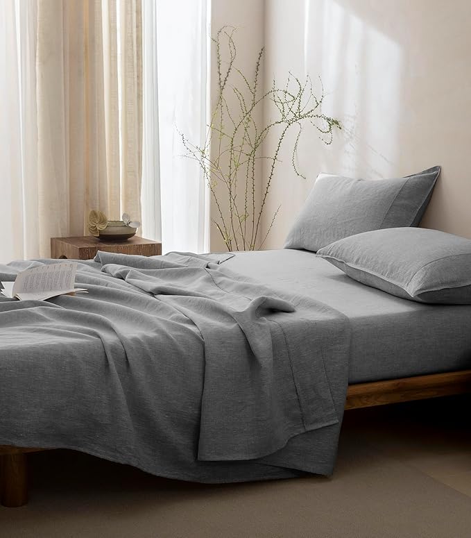 Talasily 100% French Pure Linen Sheets Set King Size,Oeko-TEX Certified Bedding, All-Season Breathable for Hot Sleepers,16 Inch Deep Pocket Machine Washable 4-Piece (Earl Grey)