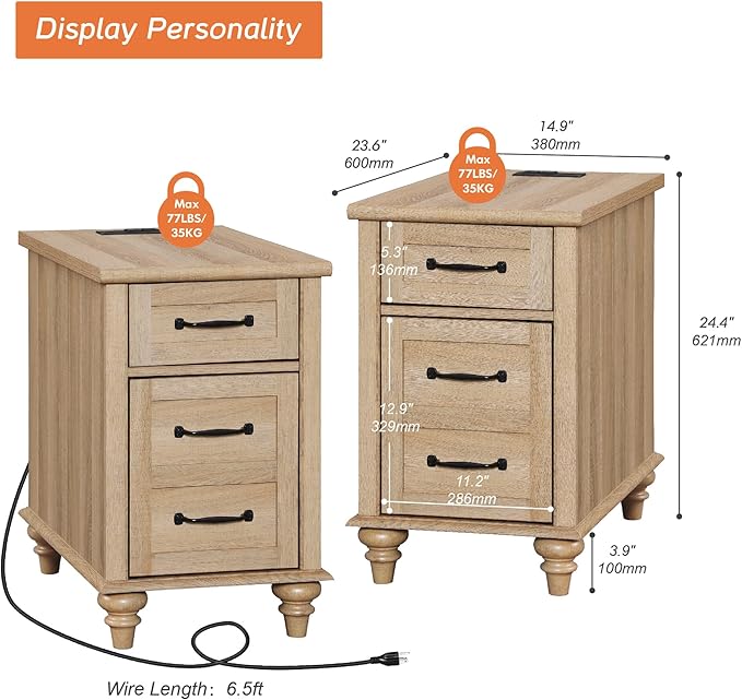 WAMPAT Set of 2 End Tables with Charging Station, Light Wood Sofa Side Table with Drawer & Storage Cabinet, Farmhouse Nightstand with Power Outlets & USB Ports for Living Room, Bedroom, Oak