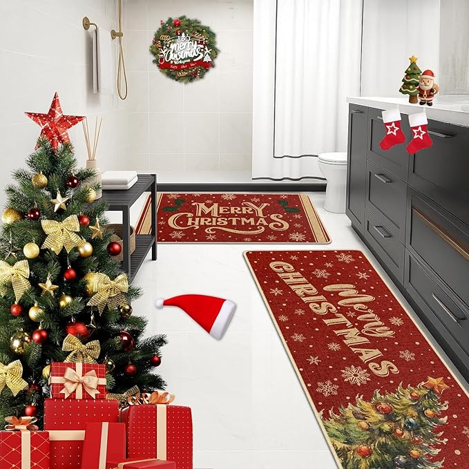Christmas Snowflake Tree Kitchen Rugs and Mats Non Skid Washable Set of 2, Bear Xmas Kitchen Mats for Floor Decor