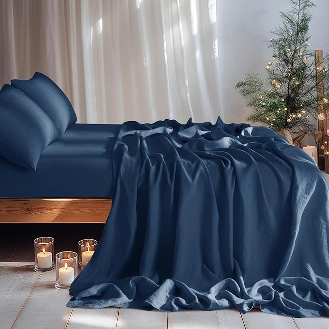 LBRO2M 100% Linen Sheet Set 16" Deep Pocket Queen Size,Bed Sheets 4 Piece Sets,Solid Color Natural Flax Bed Sheets Soft Breathable Bedding, All Season (Queen, Navy Blue)