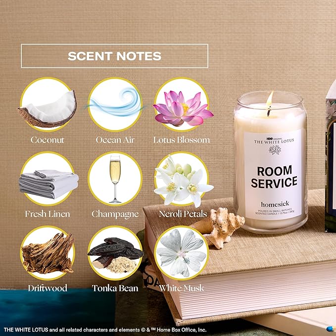 Homesick Scented Candles for Home (Room Service) - 13.75 oz Long-Lasting Soy Wax Jar Candle for Women & Men for All Occasions, 60-80 Hours Burn Time - Notes of Lotus Blossom, Fresh Linen & White Musk
