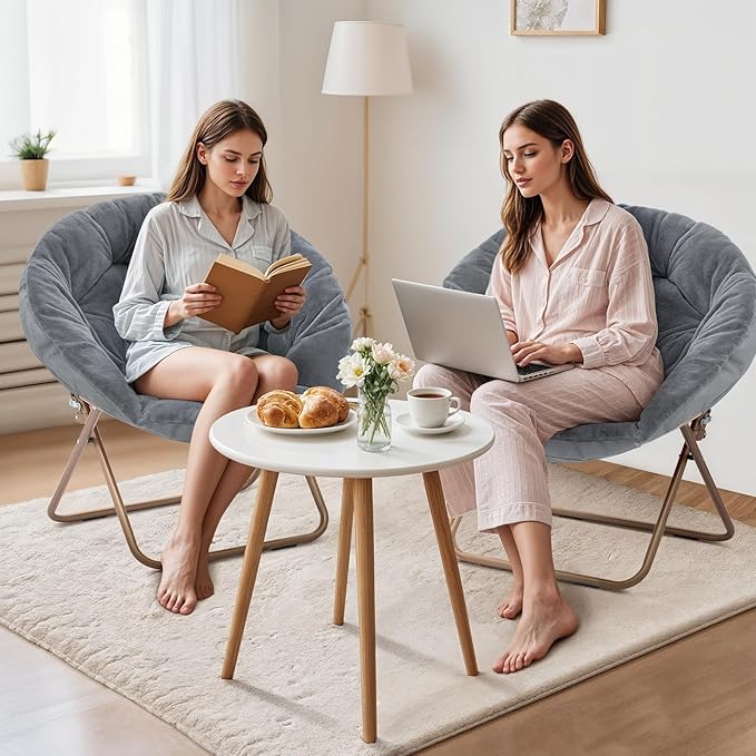 Magshion Saucer Chair for Adults, Comfy Living Room Lounge Chair for Bedroom Corner, Dorm, Apartment, Faux Fur Fluffy Circle Accent Seat with Thick Padded & Folding Metal Frame (Grey, Set of 2)