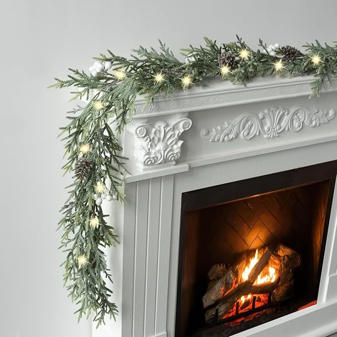 6FT Pre-lit Christmas Garlands with Lights Artificial Christmas Lighted Greenery Pine Cones Garland with White Berries for Christmas Door Mantle Stairs Railing Home Holiday Xmas Decoration Indoor