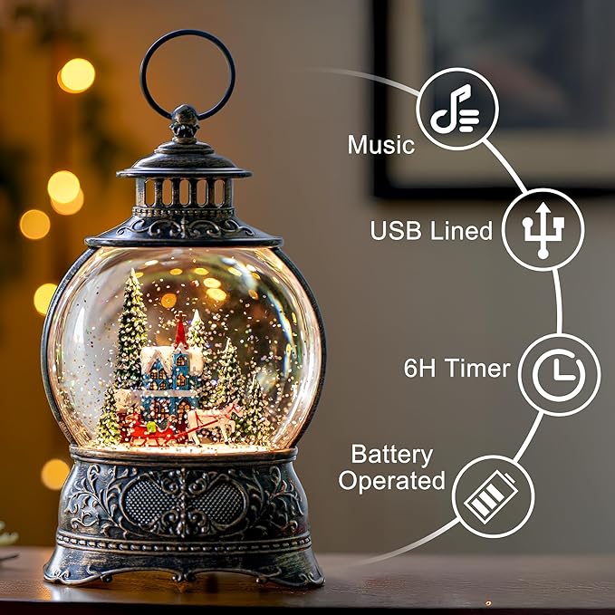 9.8" Christmas Snow Globe Water Lantern with Horse Drawn Carriage Town Scene Battery Operated or USB Powered Musical Lighted Holiday Decoration for Tabletop Display for Family and Friends