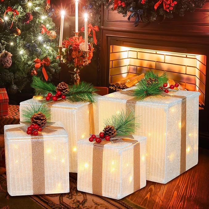 DomKom Set of 4 Christmas Lighted Gift Boxes, 70 Led Light Up White Iron Frame Present Box with Pine Cones Bows for Christmas Tree Party Yard Holiday Indoor Outdoor Decoration